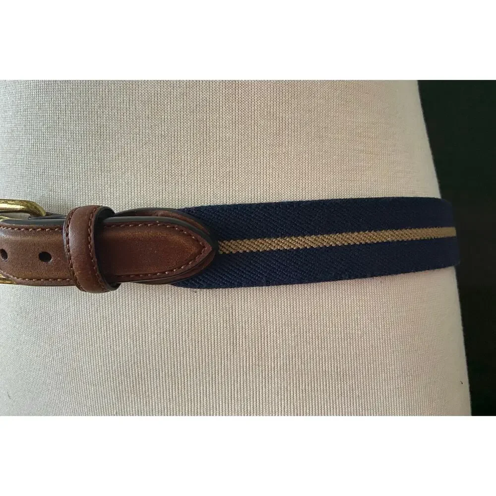 BARRONS-HUNTER Navy/Tan Stripe Stretch Belt w/Leather Tabs Mens sz 38
